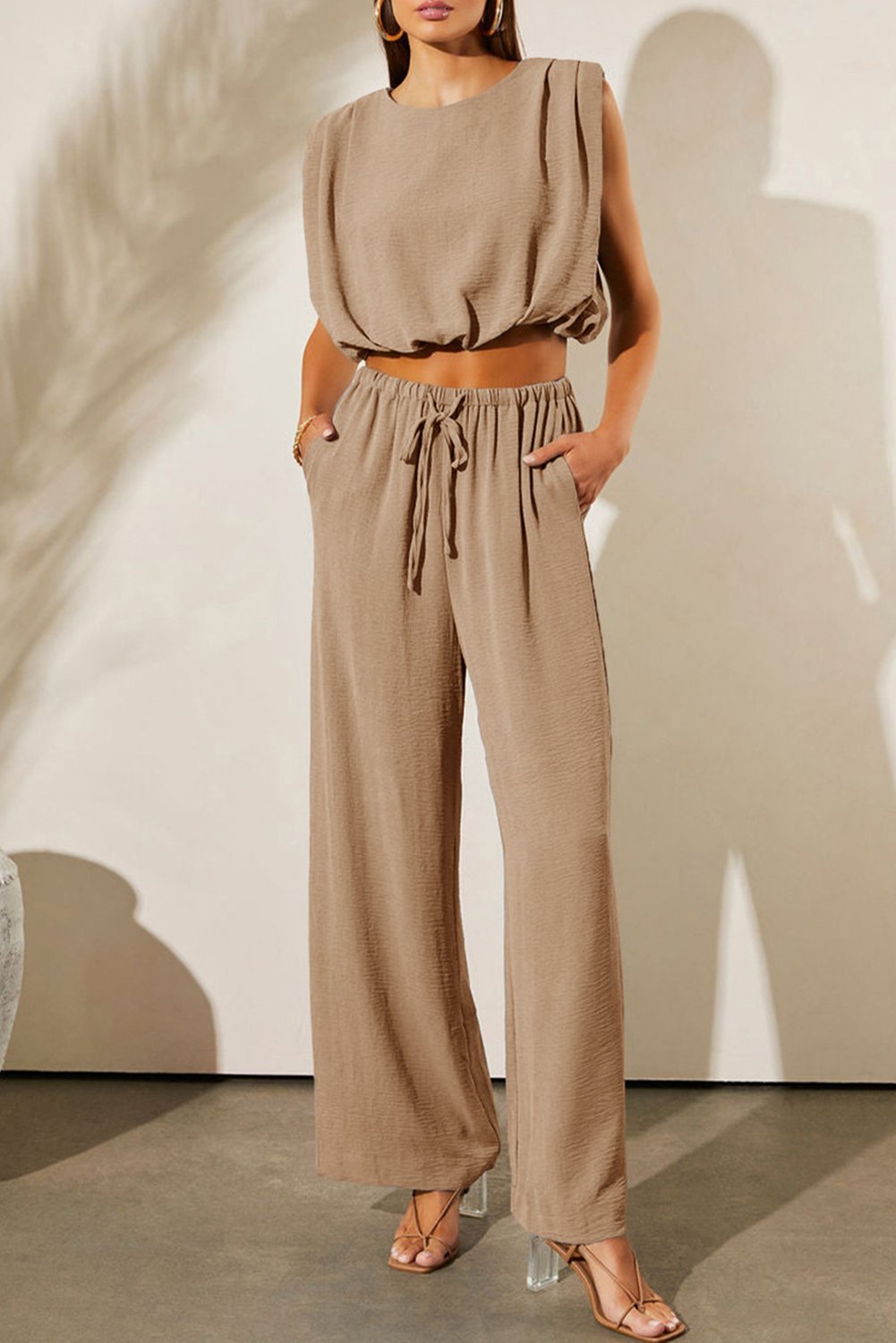 96165800-e21d6877567893b1.jpg pale khaki solid color keyhole puffy tank drawstring loose pants 2pcs outfit