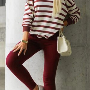 Red Stripe Pullover Hoodie Ribbed Solid Pants 2pcs Set Outfit