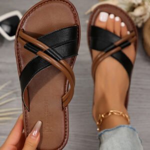 black criss cross pu leather flat slippers