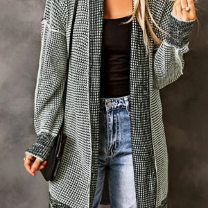 gray plaid knitted long open front cardigan