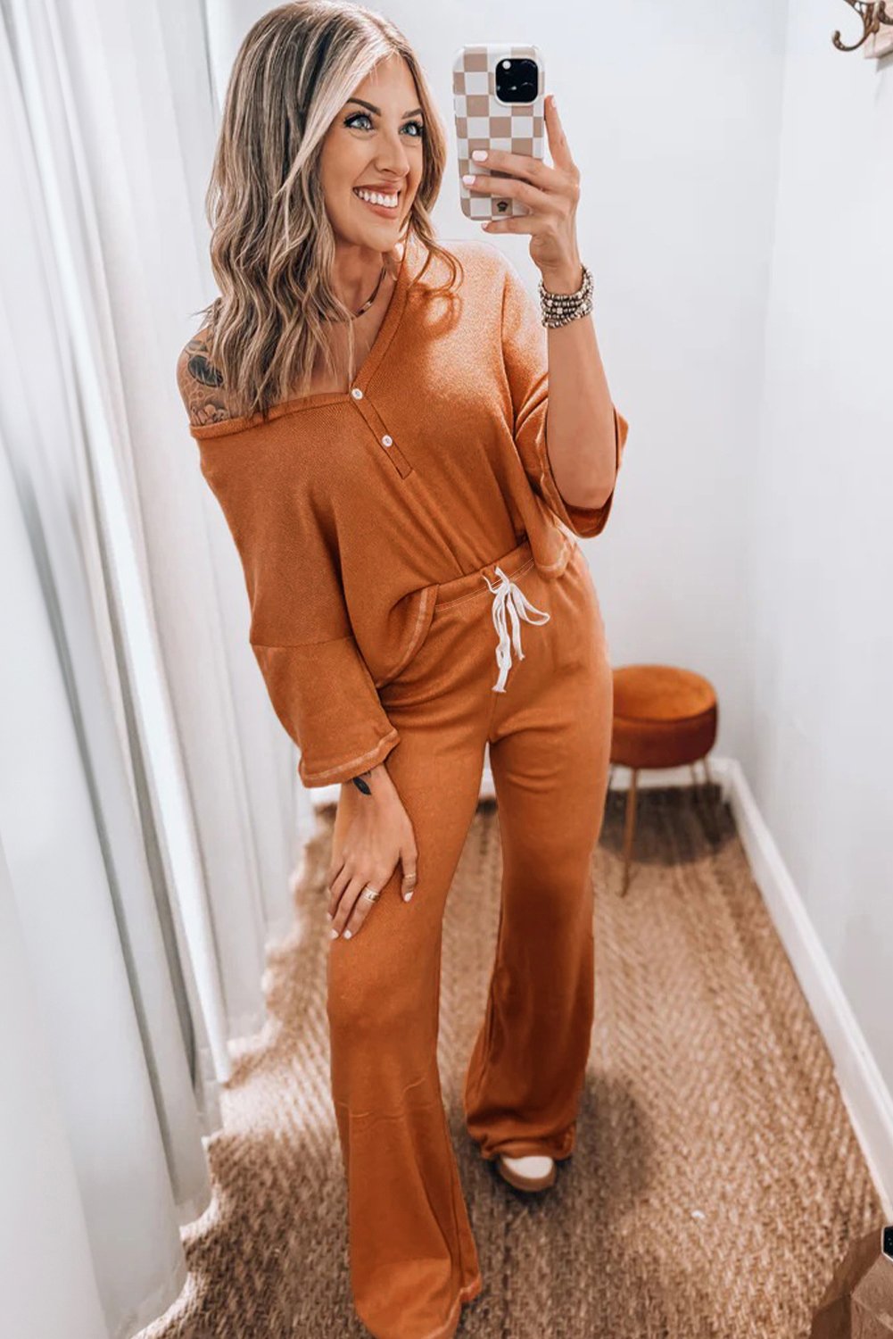 94994046-f59b9b1444d1b639.jpg Grapefruit Orange Contrast Stitching Buttoned V Neck Half Sleeve Top and Drawstring Flare Pants Set - Image 2