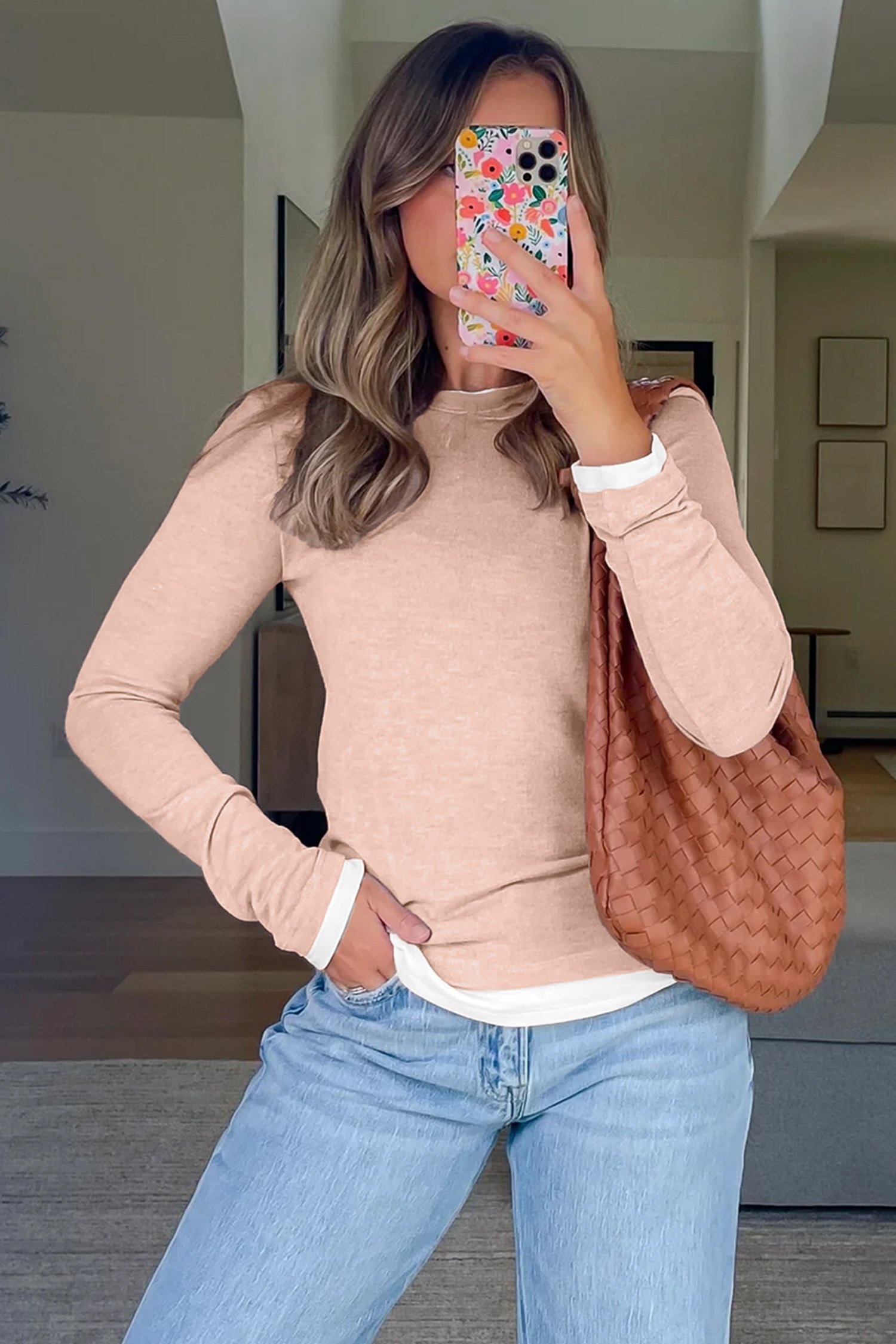 95269108-f988c083d40fe0c0.jpg Smoke Gray False Two Piece Color Block Patchwork Long Sleeve Top - Image 3