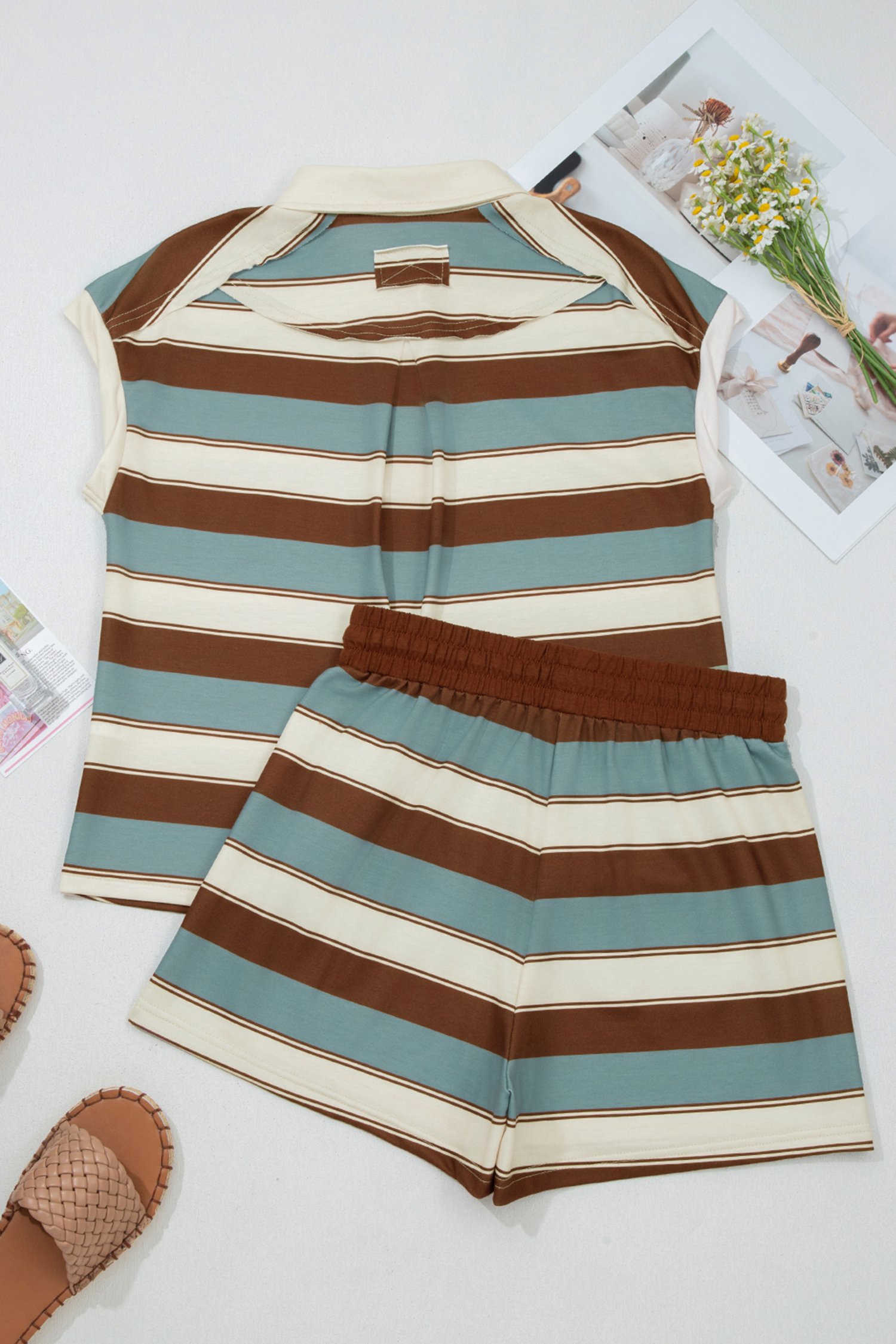 96610364-0d278f08d93d179e.jpg white stripe button polo collar tee drawstring elastic waist patchwork 2pcs short set