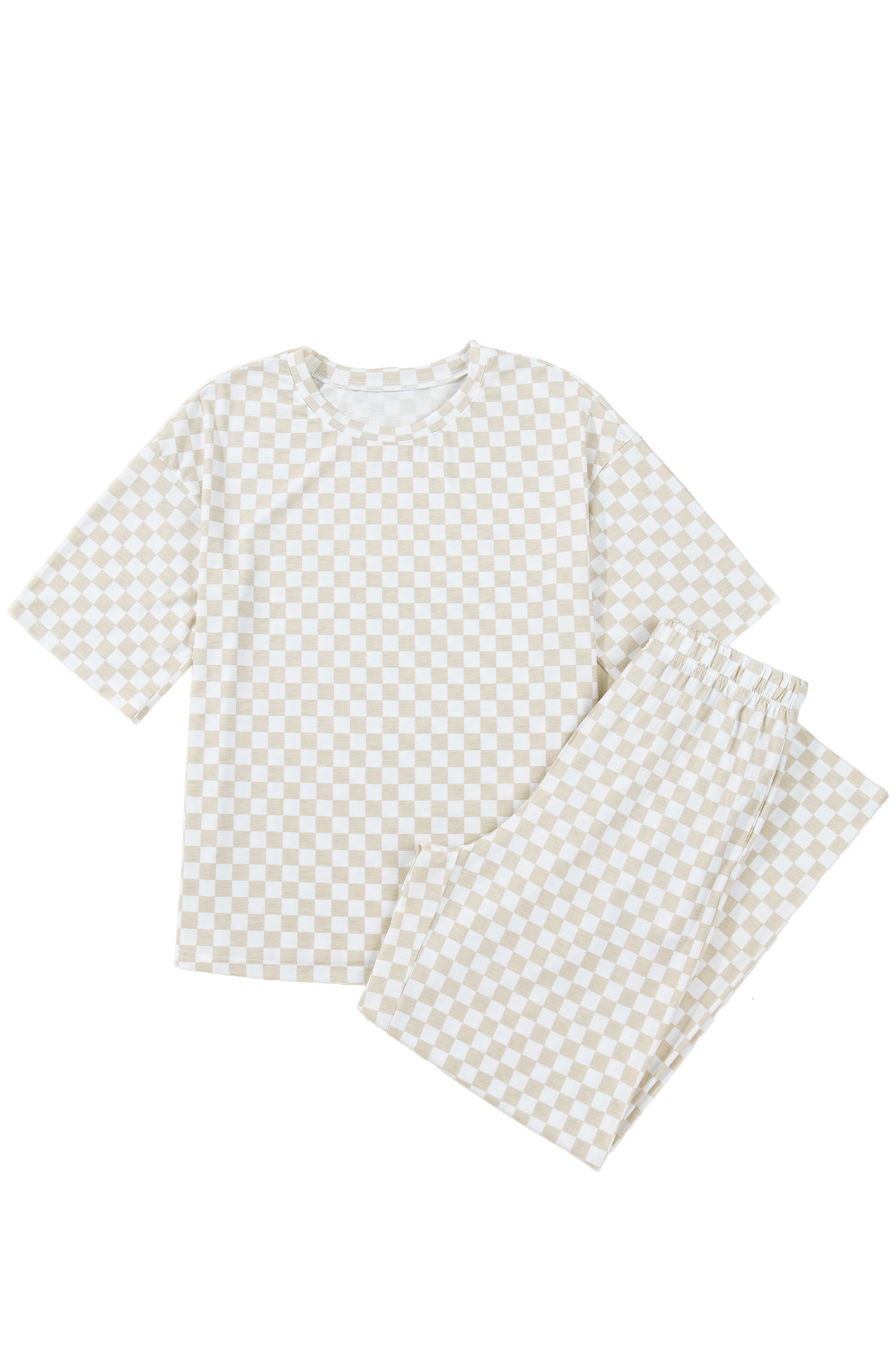 97707411-551c7285e3c43f76.jpg khaki checkered print half sleeve tee 2pcs lounge pant set