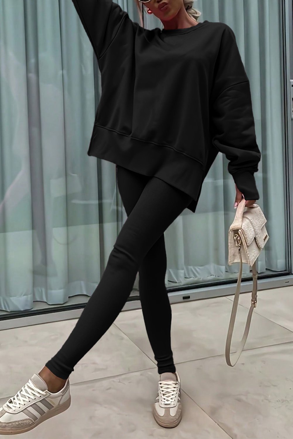 97029837-d40085789a962874.jpg black solid color oversize slit sweatshirt ribbed leggings 2pcs set