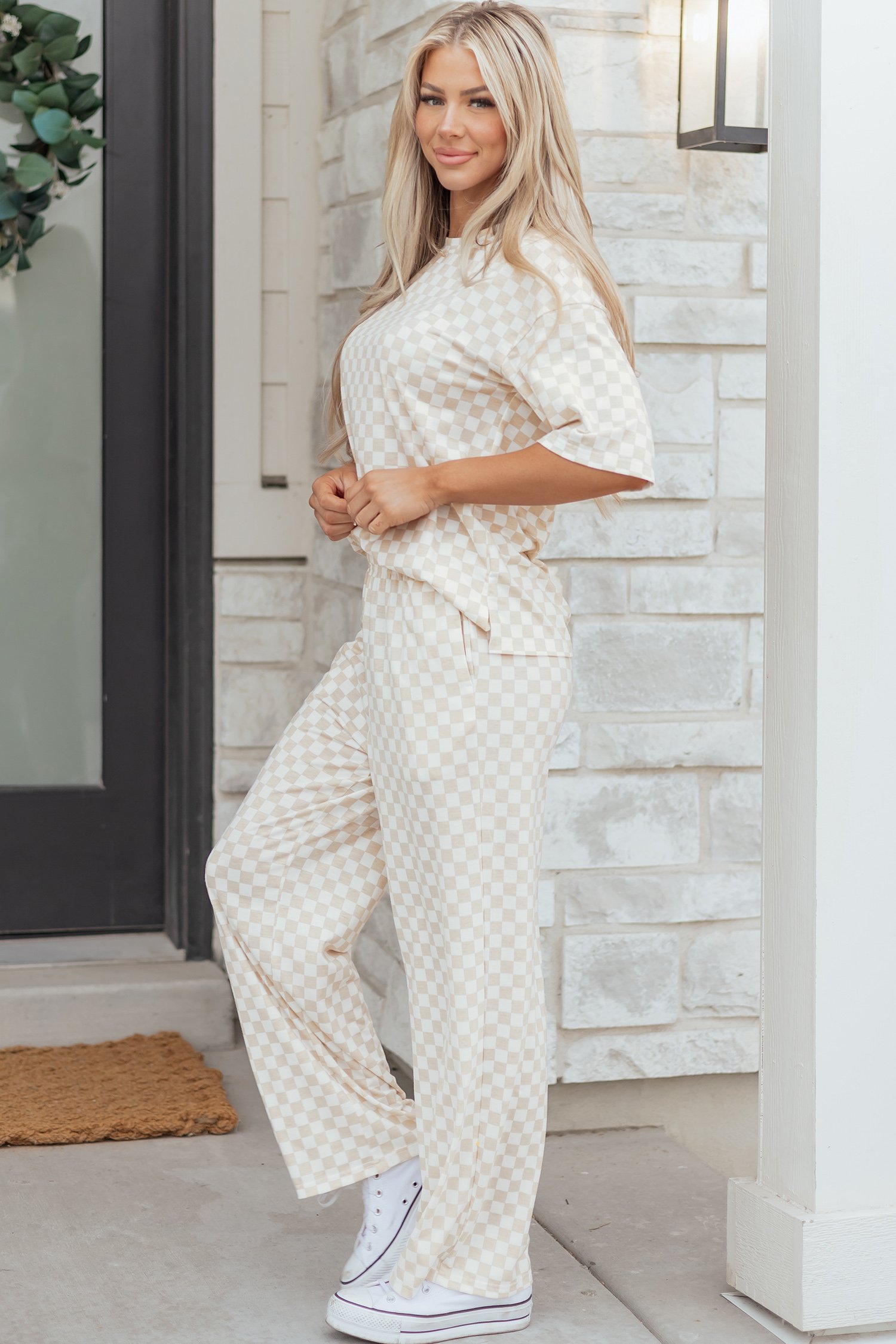 97707408-e2b20dce481a960d.jpg khaki checkered print half sleeve tee 2pcs lounge pant set