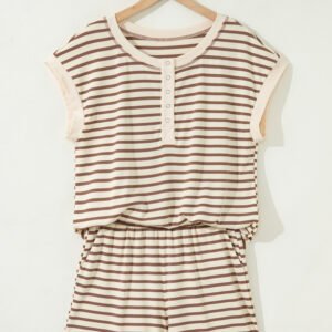 brown stripe half buttons top and shorts set