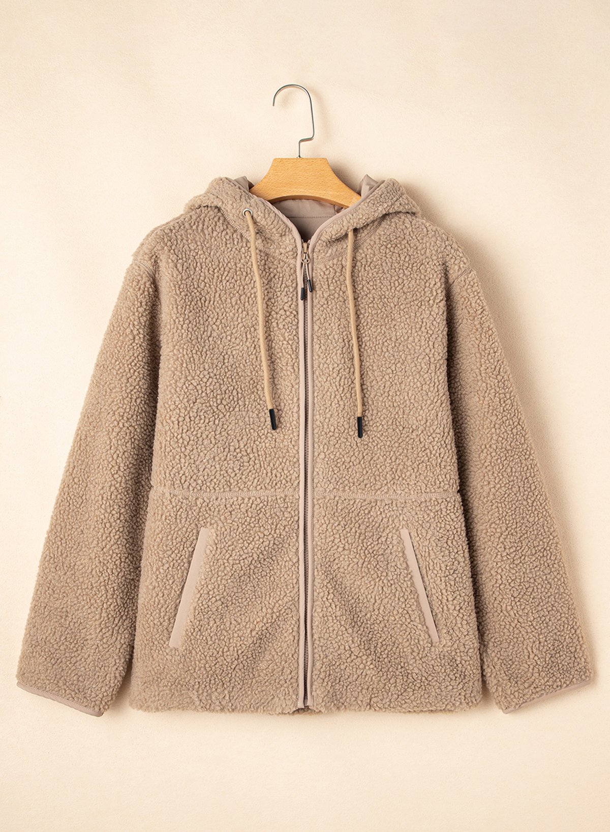 103448054-0ea13e58ce2d5eb3.jpg pale khaki fleece zip up drawstring hooded pocketed jacket