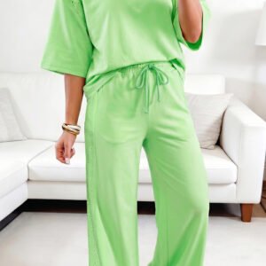 light green lace patchwork half sleeve top elastic waist pants two piece set