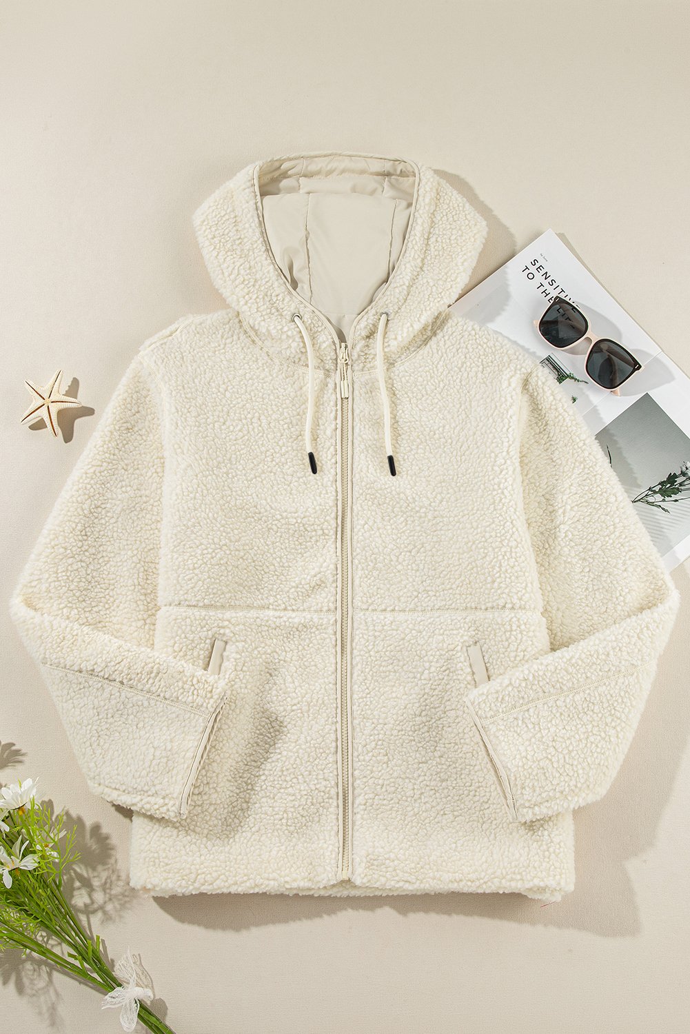 103443614-5386cfe424dfdc51.jpg pale khaki fleece zip up drawstring hooded pocketed jacket