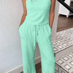 moonlight jade drawstring elastic waistband solid color two piece casual set