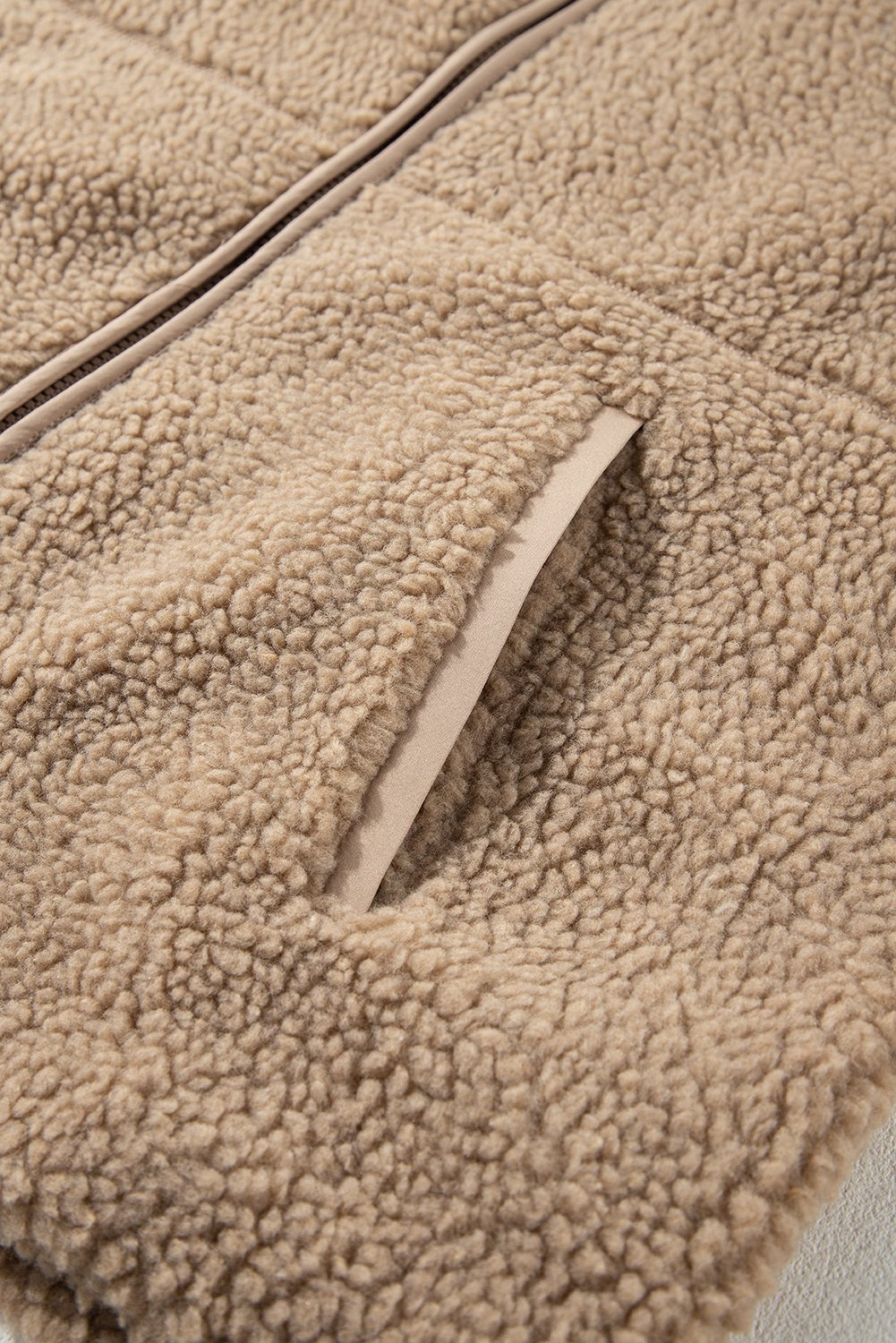 103448064-bfdf1f733ddde402.jpg pale khaki fleece zip up drawstring hooded pocketed jacket