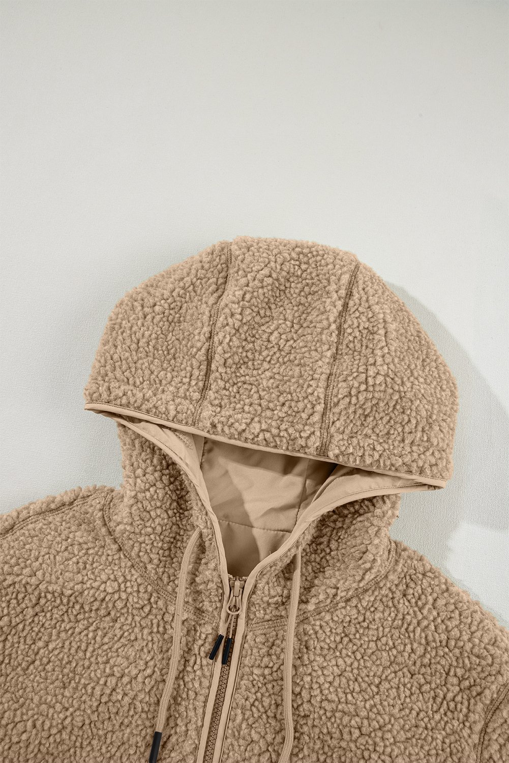 103448061-d10d8dcc67379c7e.jpg pale khaki fleece zip up drawstring hooded pocketed jacket