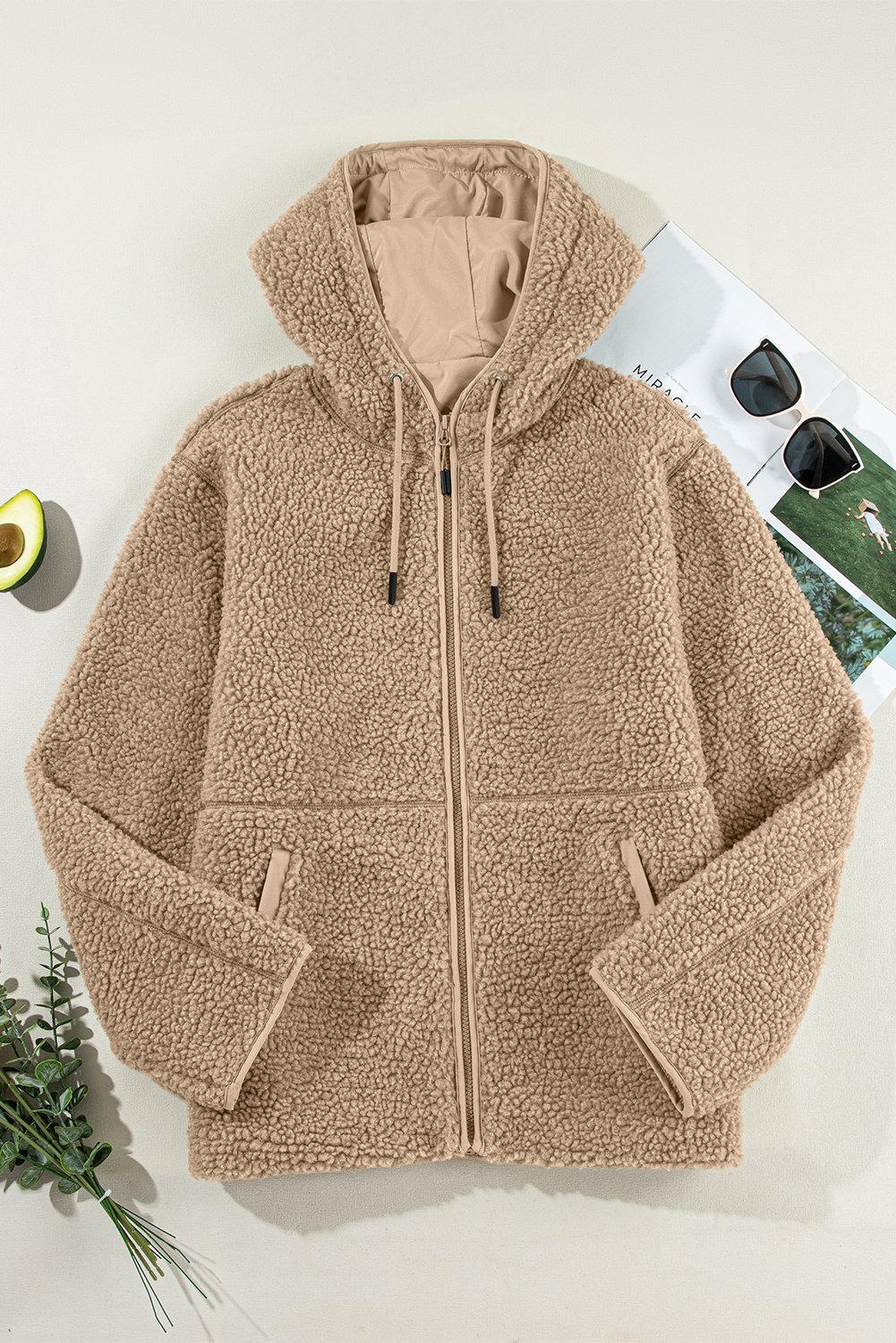 103448052-de211dc6c84c3e15.jpg pale khaki fleece zip up drawstring hooded pocketed jacket