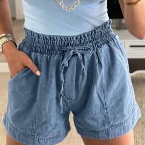 Home dusk blue smocked elastic waist denim shorts