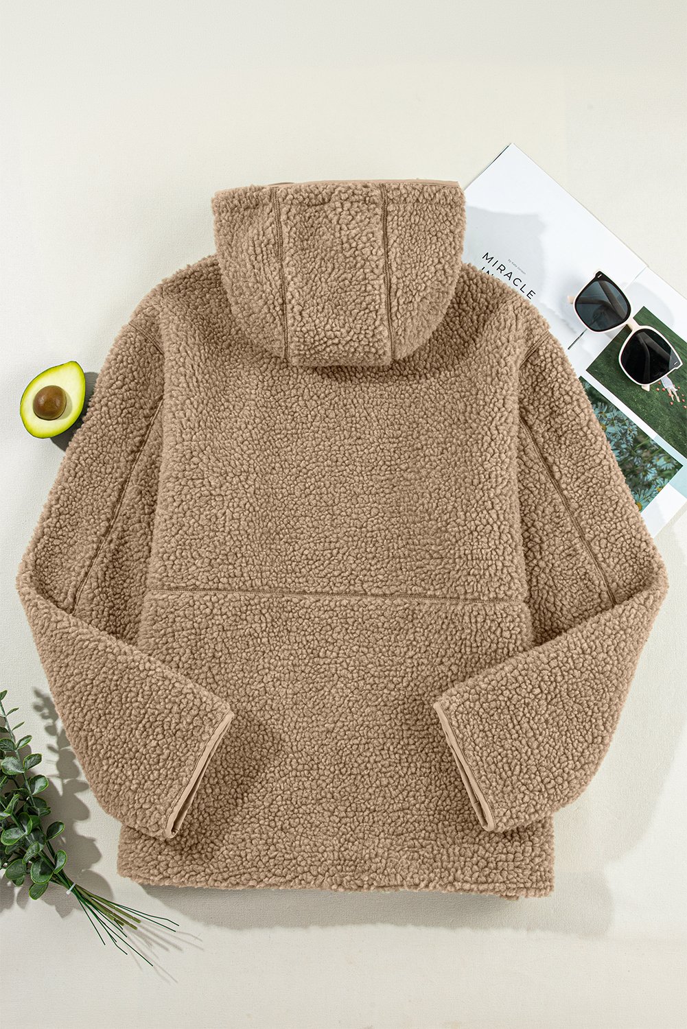 103448053-e3a322c004f195e7.jpg pale khaki fleece zip up drawstring hooded pocketed jacket