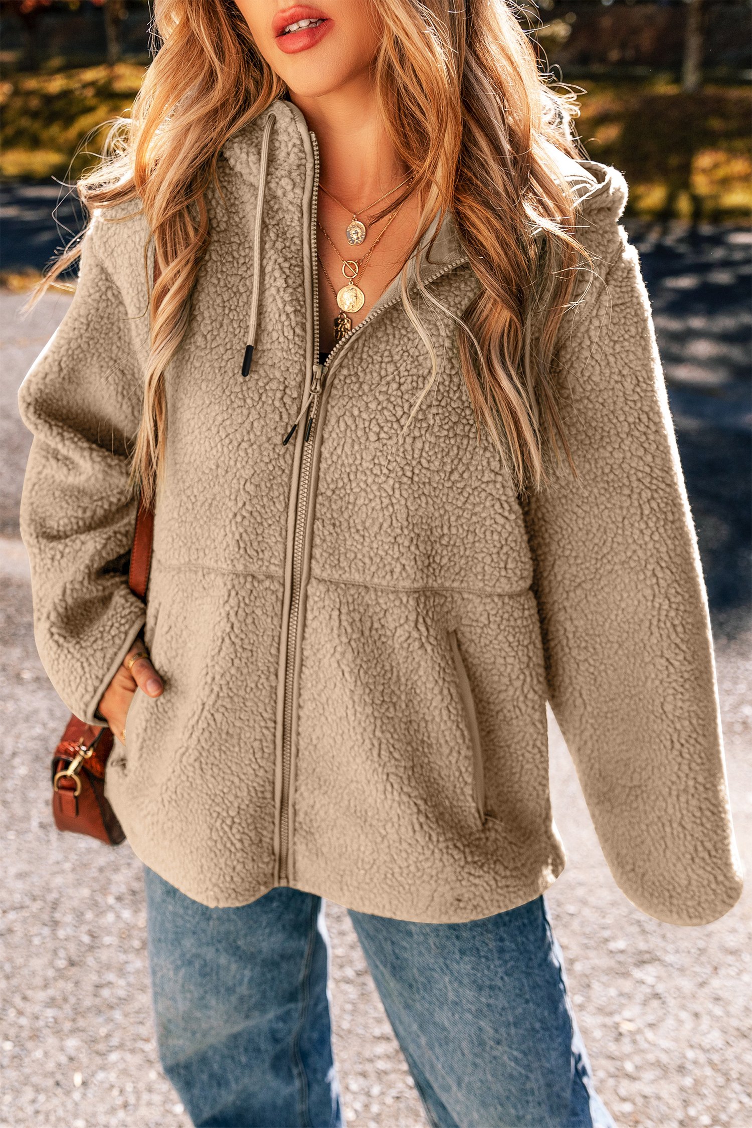 103448051-f562a452208bd7ea.jpg pale khaki fleece zip up drawstring hooded pocketed jacket